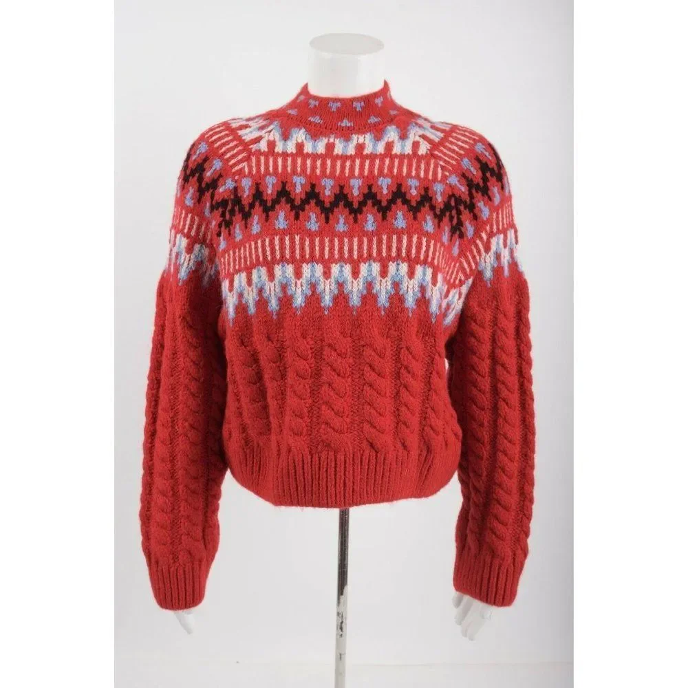Zara Womens Cable Knit Jacquard Sweater S Red Blue White 5802/145 NWT